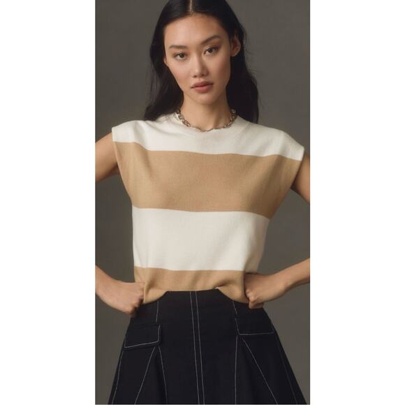 Maeve Anthropologie Noah Muscle Tank Sweater Women’s Size S Striped Tan/Cream - Picture 1 of 8